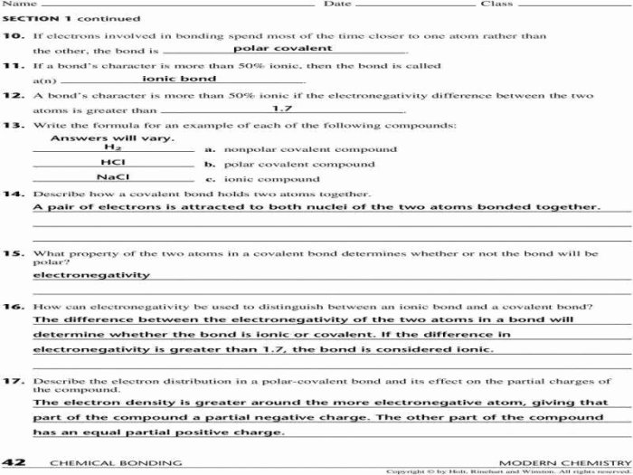 Types of chemical bonds worksheet answers