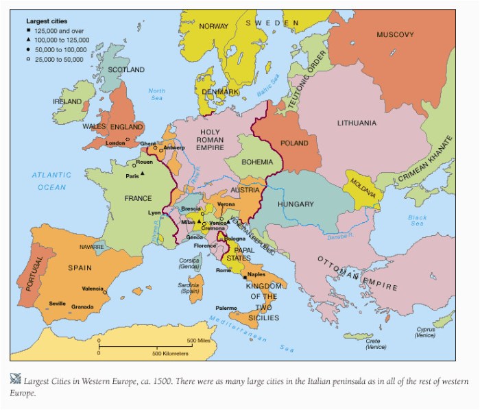 Renaissance europe c. 1500 map labeled